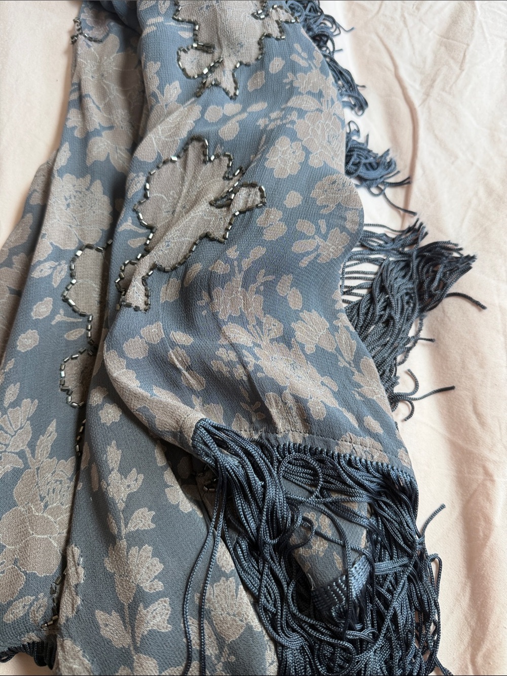 Blue Floral Jacquard Fringe